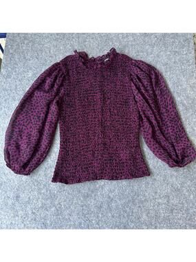 Express Women’s Purple Leopars Long Puffy Balloon Sleeve Ruffle Blouse M Shirt